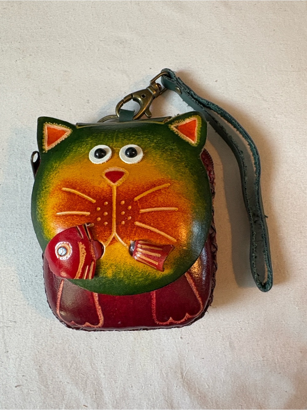 Handmade Leather Colorful Cat Coin Purse or Wristlet